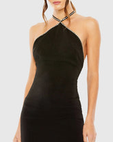 Black Rhinestone Detailed Low Back Halter Mini Dress